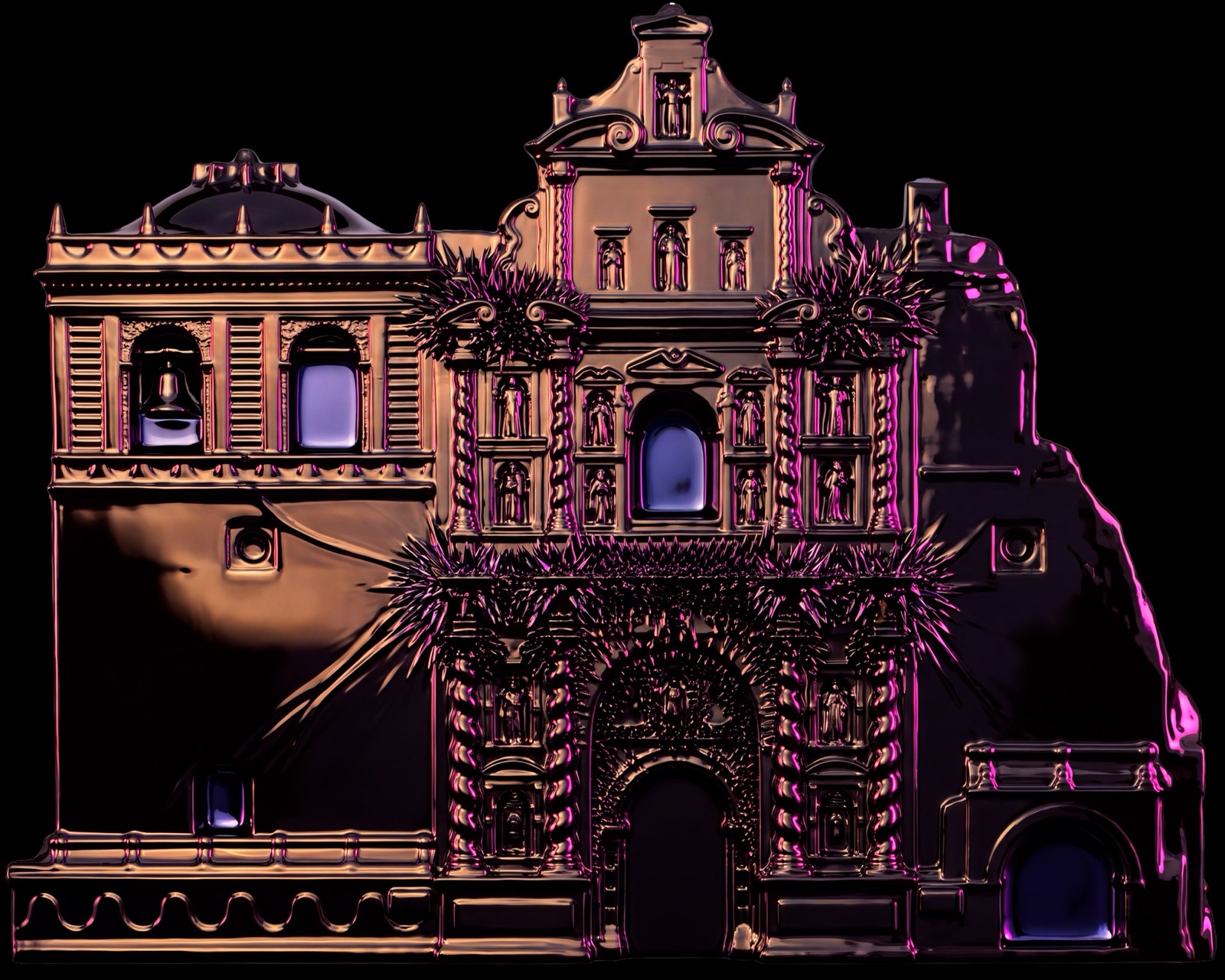 The baroque façade of the San Francisco church in La Antigua Guatemala rendered in golden light by a projection mapping