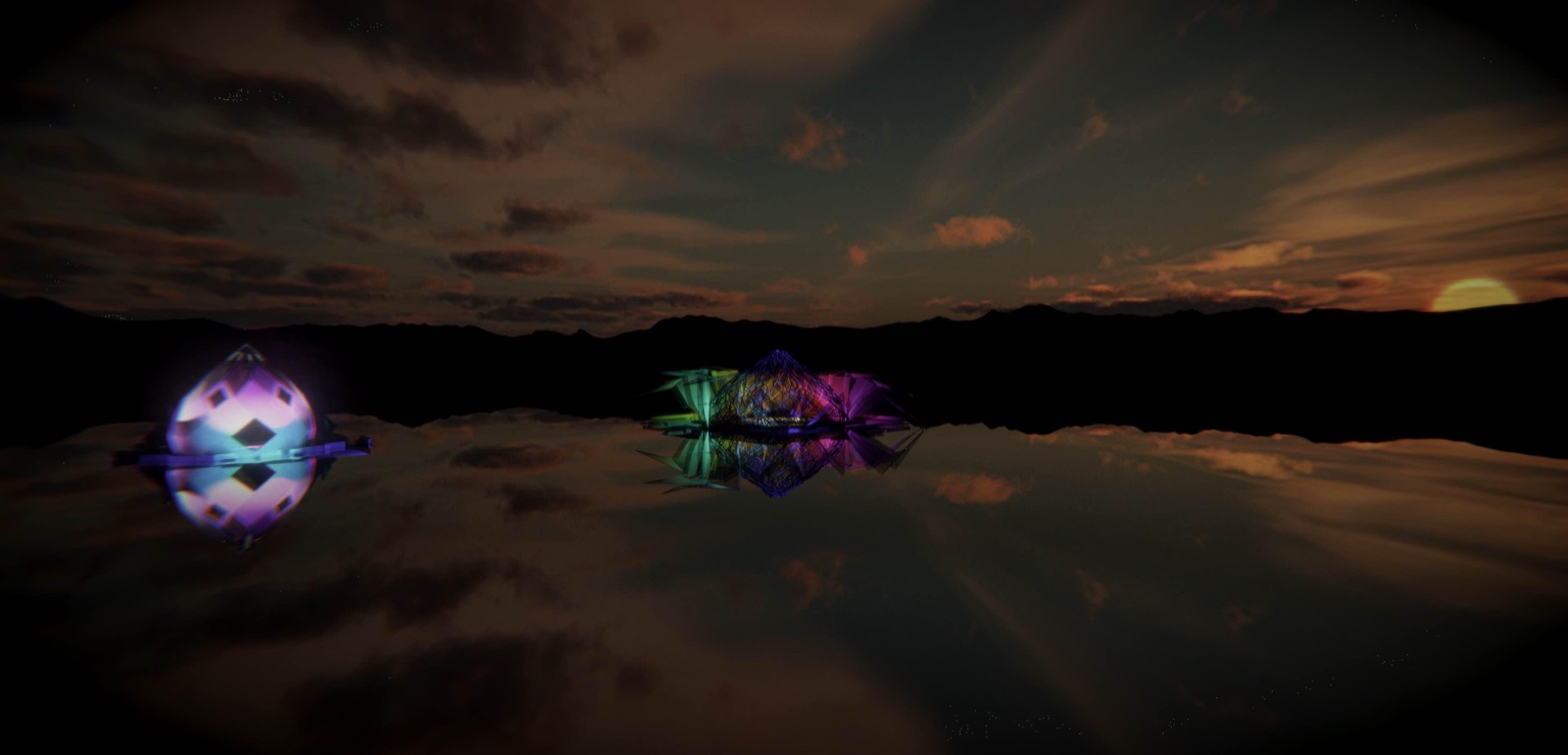 A faceted zome structure at night, its geometric panels glowing with projection-mapped fire visuals