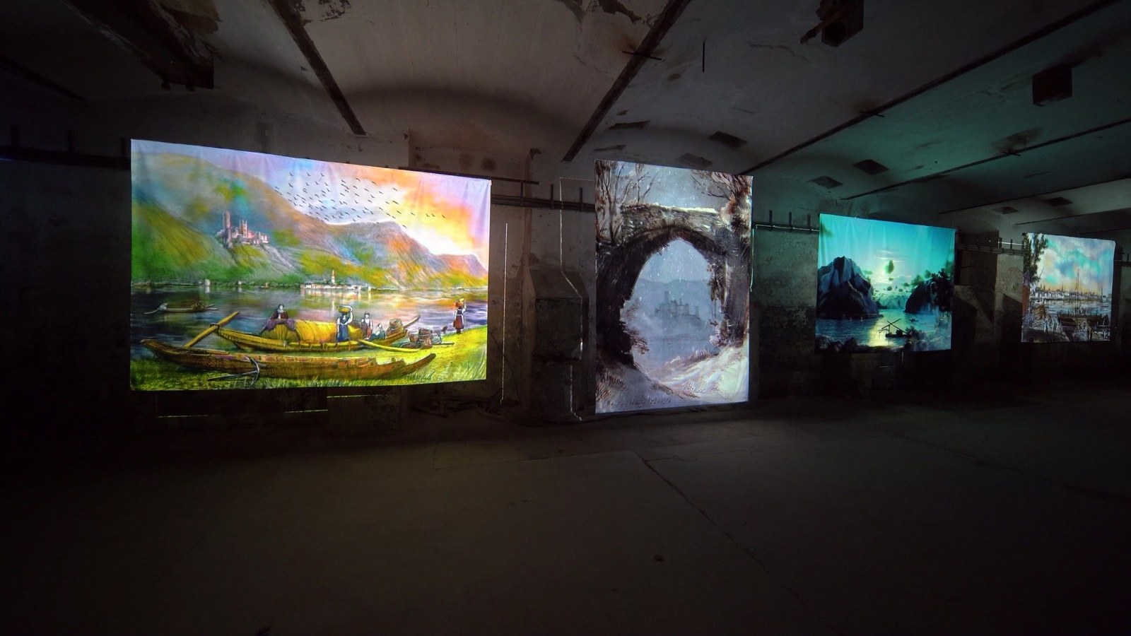 Projected painted landscapes on hanging screens in a hall inside the Löhnberger Mühle, rheinleuchten 2021