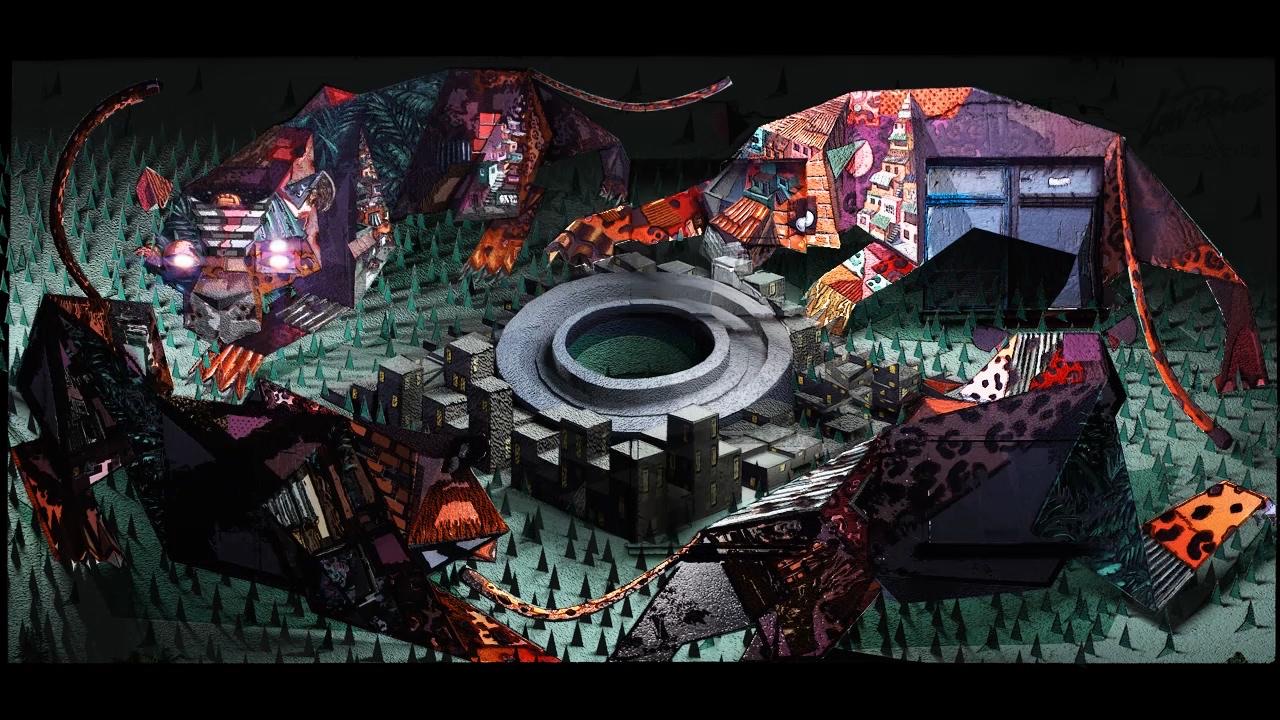 A colourful mural by the artist duo Low Bros on a wall at Urban Spree Berlin, animated by projection mapping