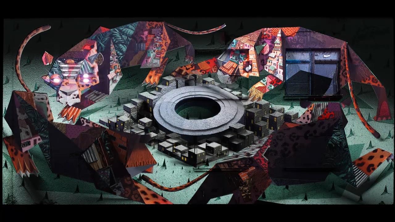 A colourful mural by the artist duo Low Bros on a wall at Urban Spree Berlin, animated by projection mapping
