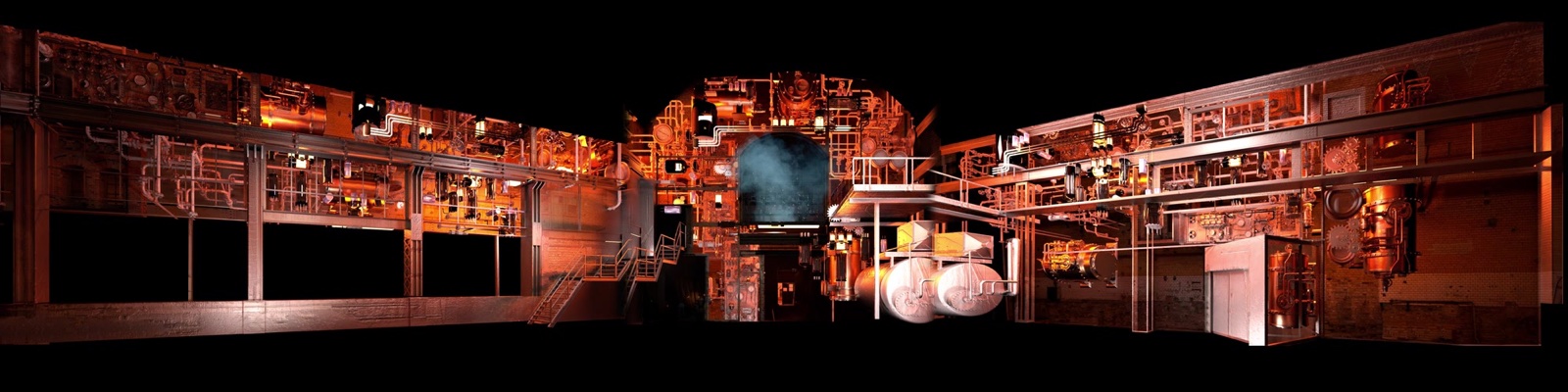 The brick walls of the MaHalla industrial hall in Berlin wrapped in a blue and cyan 270-degree projection mapping