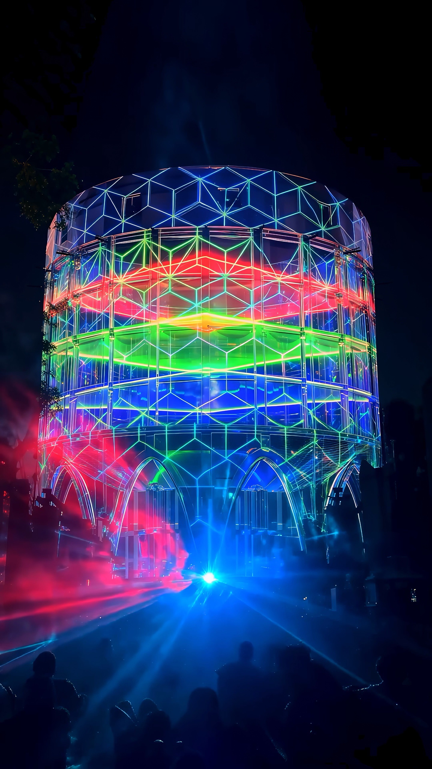 The silo drawn as a blue wireframe dome with bands of red and green light across its crown, laser beams fanning from the base