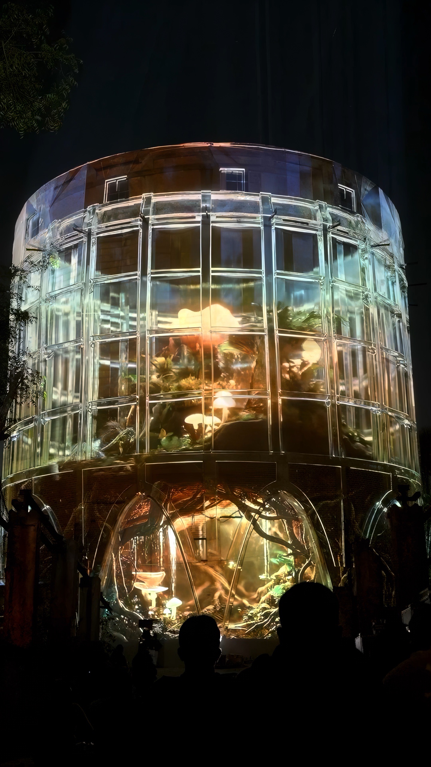 The 24-metre concrete silo of the Alembic Glass Factory in Bengaluru rendered as a transparent lattice by projection, with an amber interior glowing inside and holographic fog around it