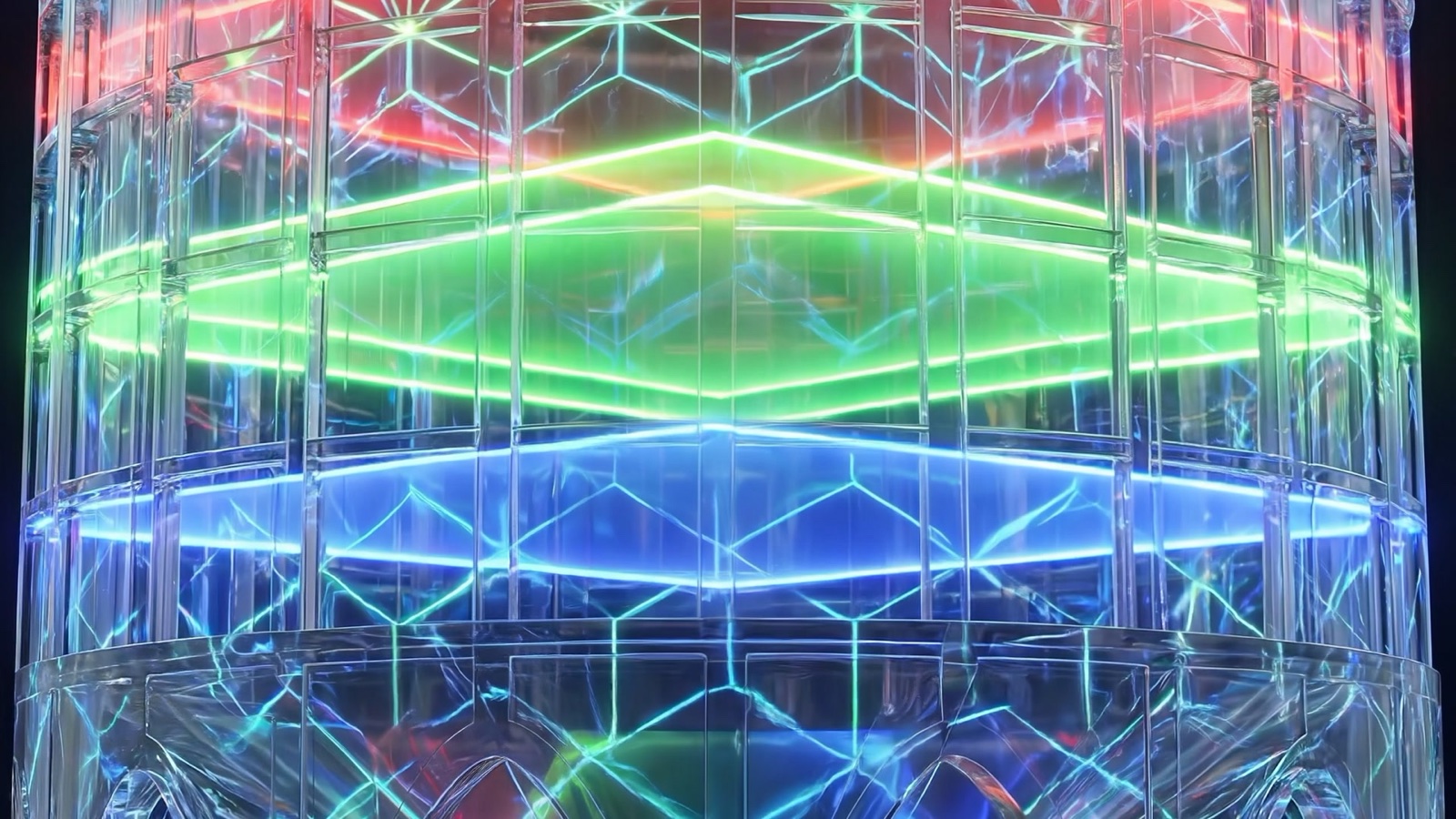 The concrete silo of the Alembic Glass Factory in Bengaluru rendered as a transparent lattice by projection, with an amber interior glowing inside and holographic fog around it